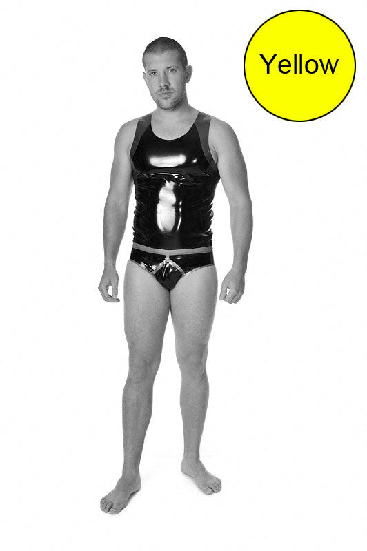 Black glossy latex tank top and briefs set from libidex y front brief underwear yellow m-yfb size xl shown from front