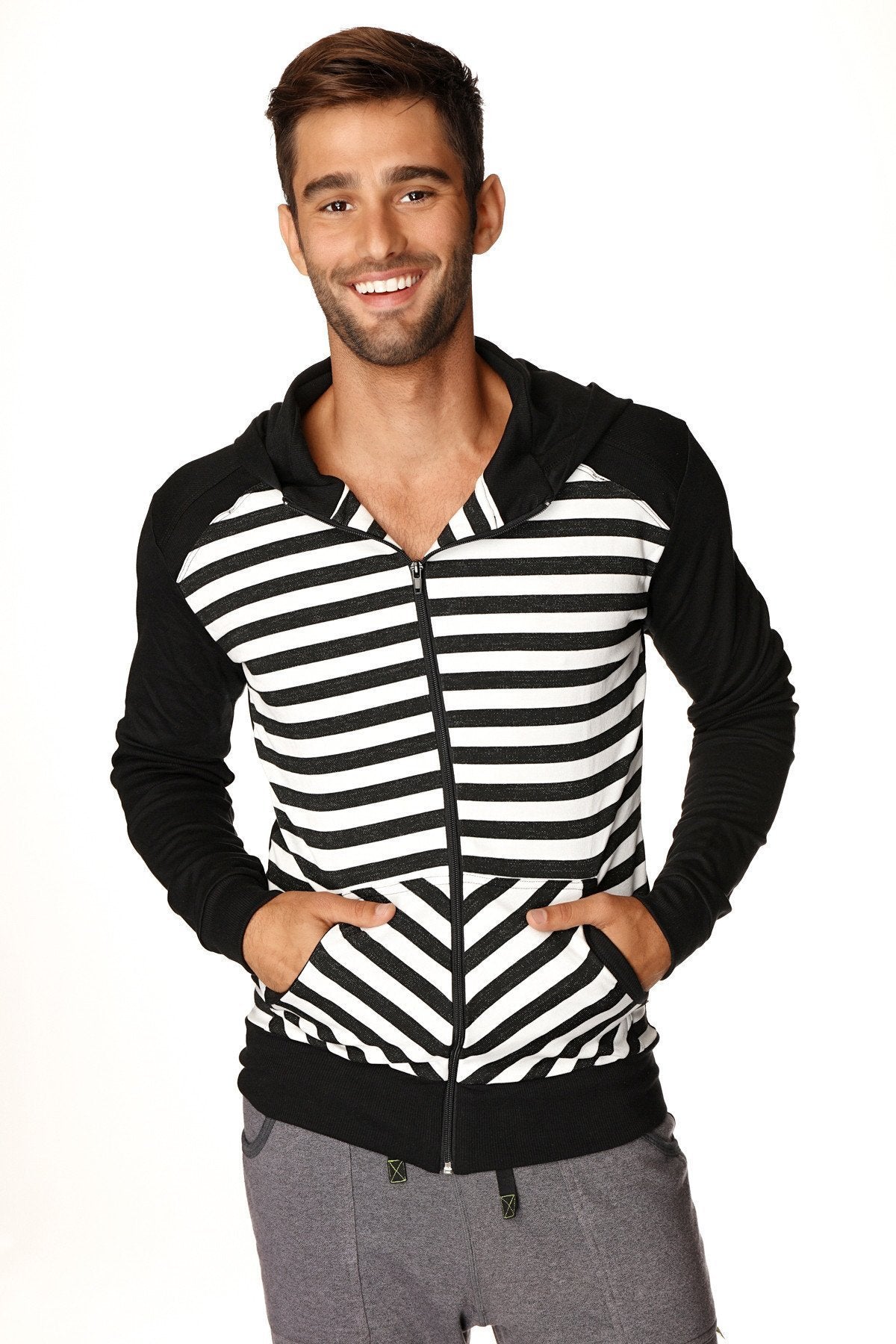 Limited edition form-fit crossover yoga track fleece hoodie in black with white stripes and chevron pattern front