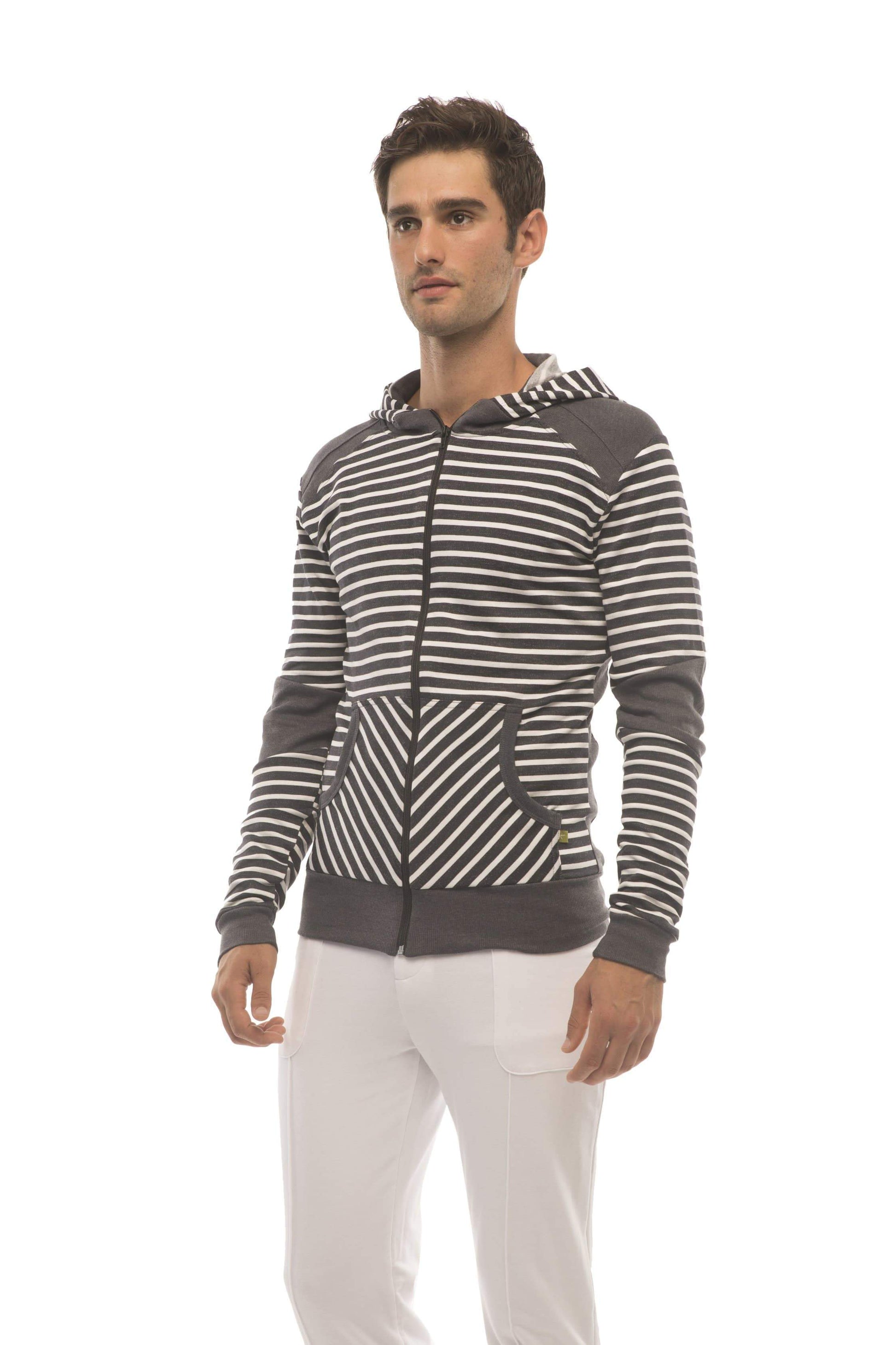 Men’s limited edition form-fit crossover yoga track fleece hoodie in charcoal with black and white stripes and gray panels