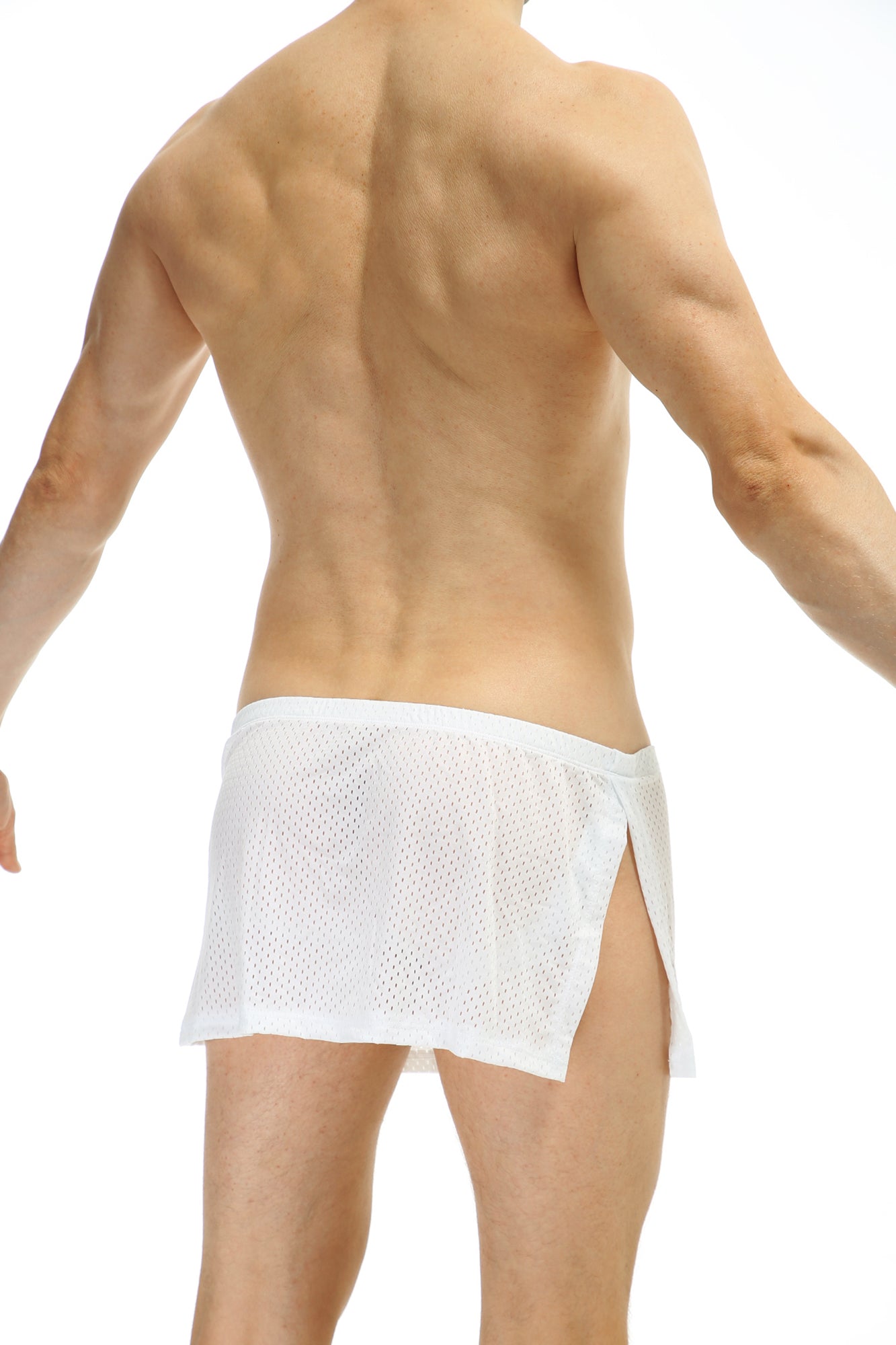 White mesh loincloth bee briefs with side slit and elastic waistband featuring jockstrap design