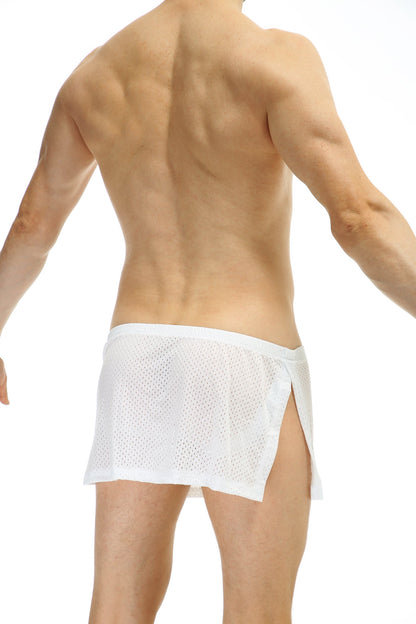 White mesh loincloth bee briefs with side slit and elastic waistband featuring jockstrap design