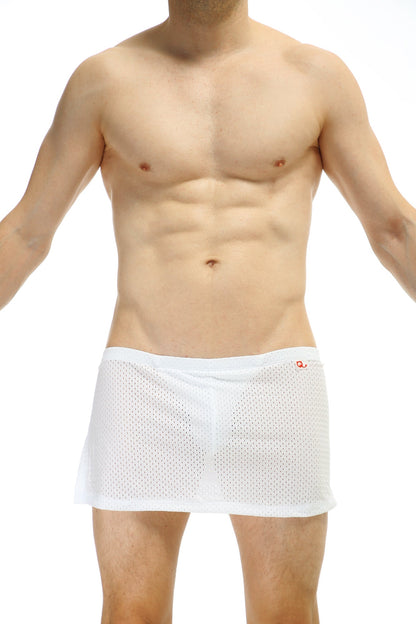 White mesh briefs loincloth bee white with jockstrap featuring a subtle red logo on the waistband