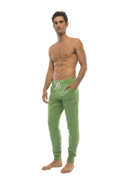 Long cuffed jogger and yoga sweat pants in bamboo green with white drawstring waistband and side pockets