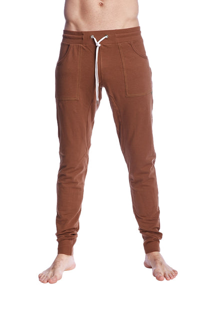 Long cuffed jogger and yoga sweat pants in chocolate brown with drawstring waist and two front pockets