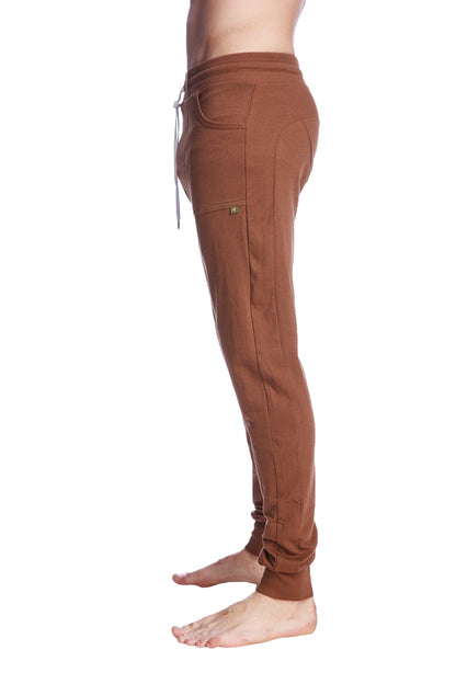 Long cuffed jogger and yoga sweat pants in chocolate brown with drawstring waistband side pockets and soft fabric texture