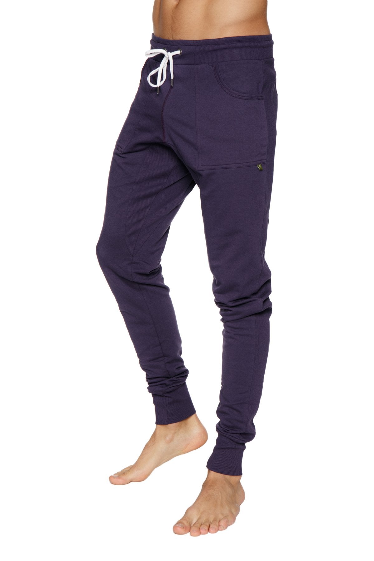 Long cuffed jogger and yoga sweat pants in navy blue with white drawstring and side pockets for comfort and style