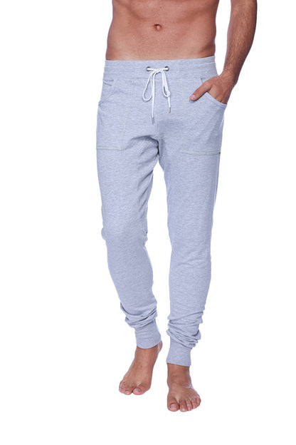 Long cuffed jogger and yoga sweat pants in light gray heathered fabric with white drawstring waistband and side pockets