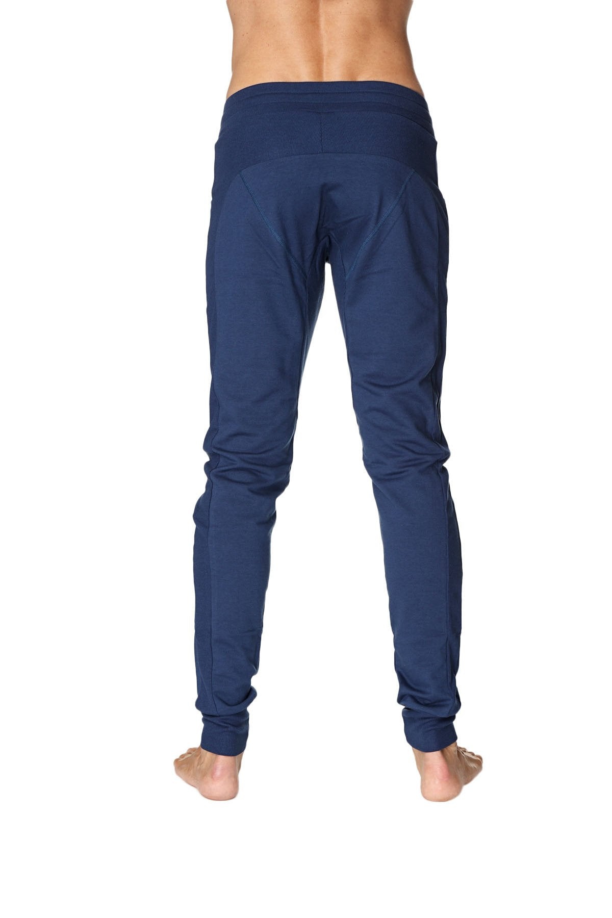 Long cuffed jogger and yoga sweat pants in navy blue with elastic cuffs and a comfortable stretchy waistband
