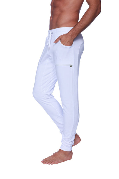 White cotton long cuffed jogger and yoga sweat pants with drawstring waist and side pockets