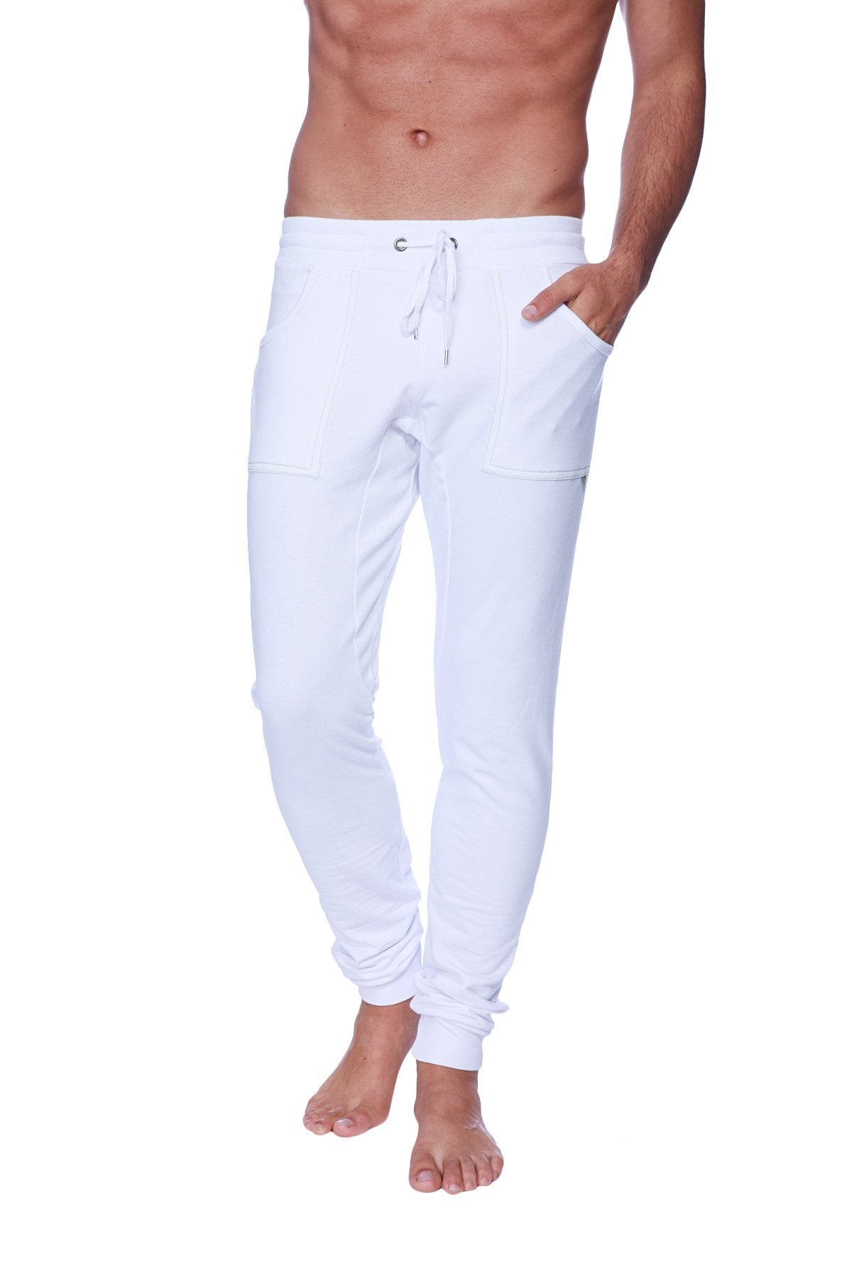 White cotton long cuffed jogger and yoga sweat pants with a drawstring waist and elastic cuffs