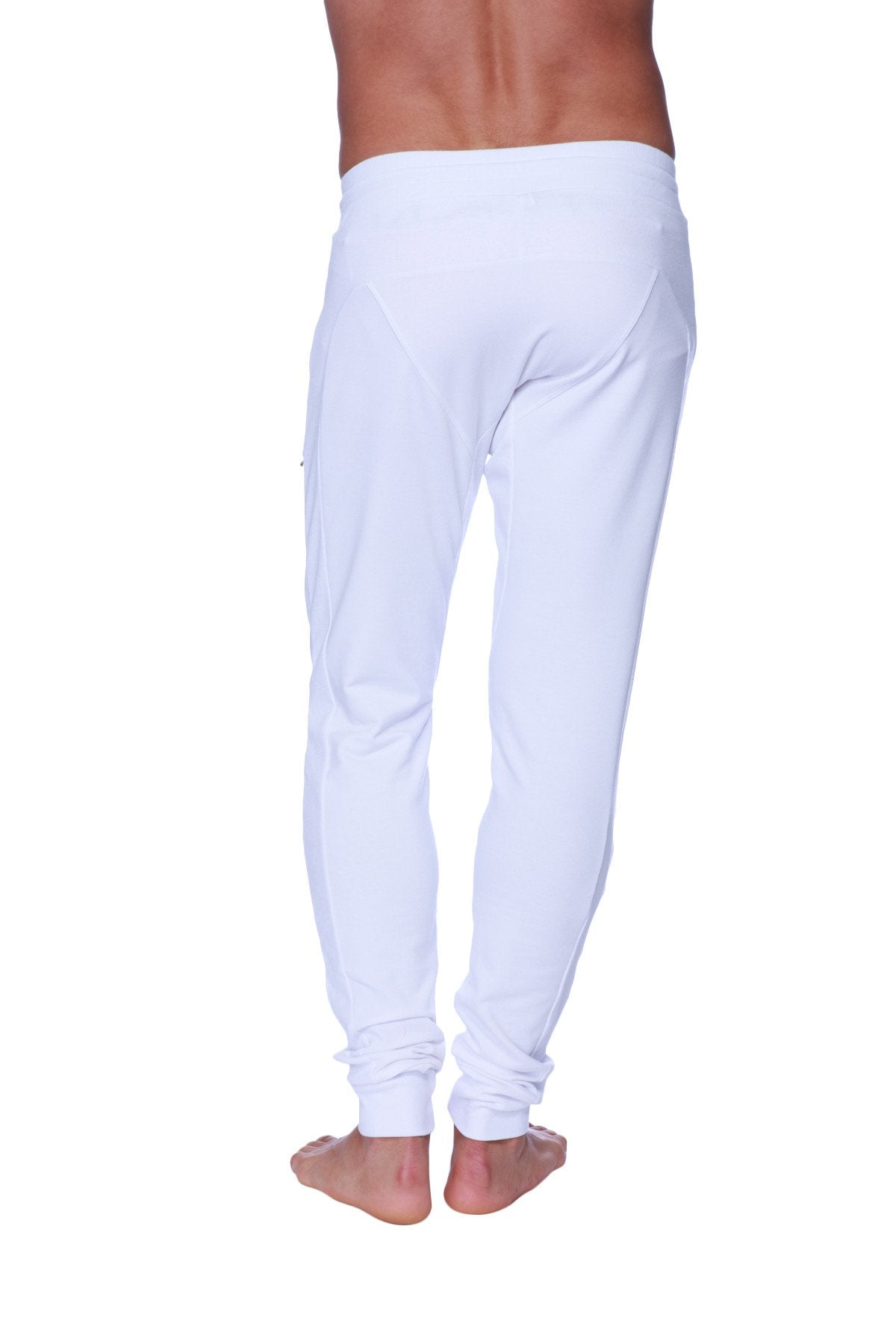 White long cuffed jogger and yoga sweat pants with slim fit soft fabric and subtle side seam detailing