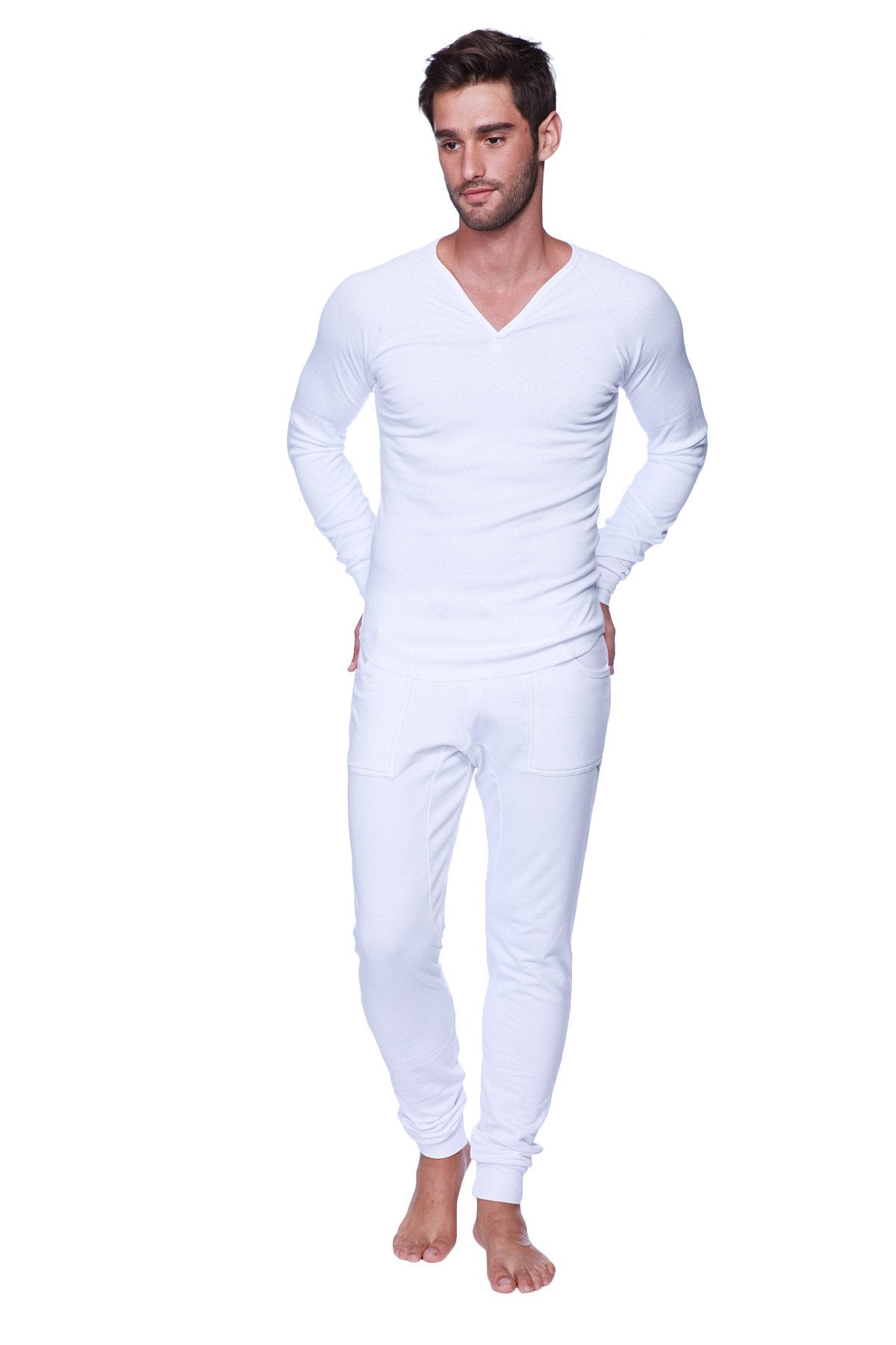 White long-sleeved v-neck thermal suit made of soft fabric for warmth and comfort in cold weather