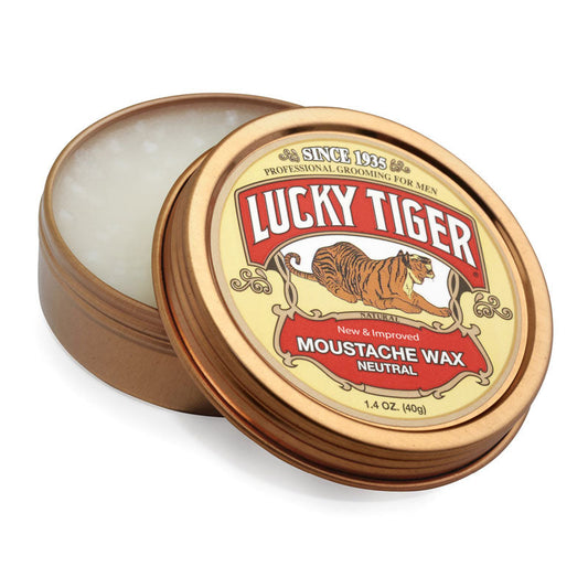 Lucky tiger moustache wax 1.5oz in a bronze metal tin with a vintage tiger label for grooming and styling