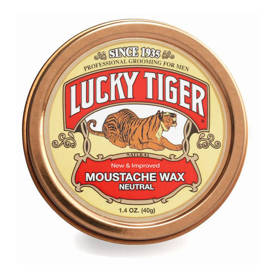 Lucky tiger moustache wax 1.5oz in a round gold metal tin with red and cream label featuring an illustrated tiger