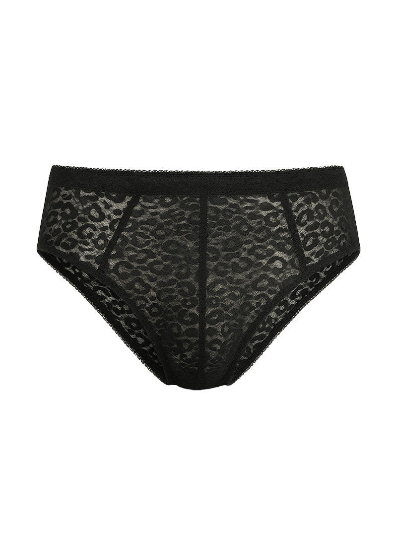 Black leopard-print lace briefs with solid black waistband luxury lace brief front view
