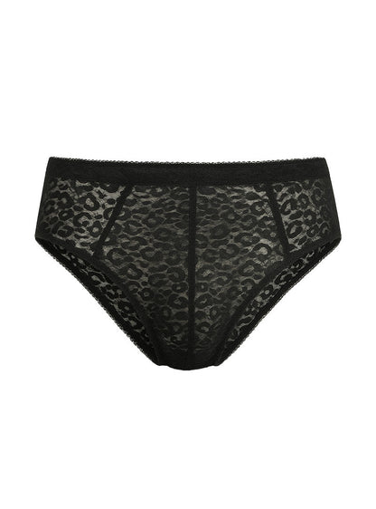 Black leopard-print lace briefs with solid black waistband luxury lace brief front view
