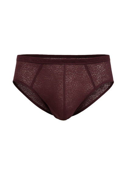 Luxury lace brief maroon lace briefs with delicate floral pattern and seamless construction front view