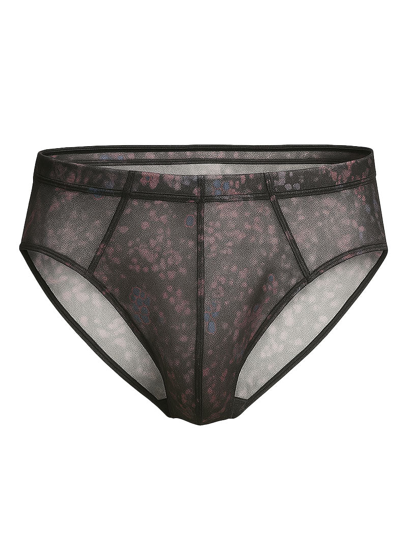 Luxury lace brief black sheer mesh briefs with subtle floral pattern and reinforced seams shown from the back side