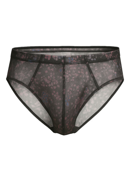 Luxury lace brief black sheer mesh briefs with subtle floral pattern and reinforced seams shown from the back side