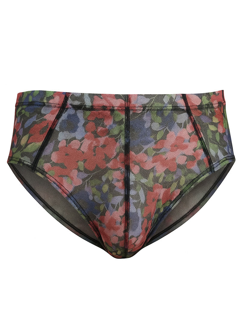 Luxury lace brief black mesh with vibrant pink red and green floral pattern on dark background front view