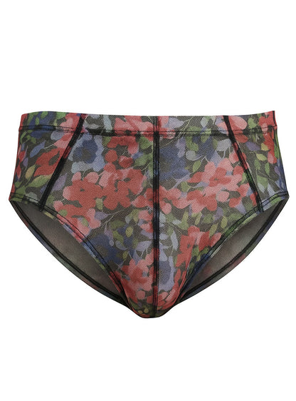 Luxury lace brief black mesh with vibrant pink red and green floral pattern on dark background front view
