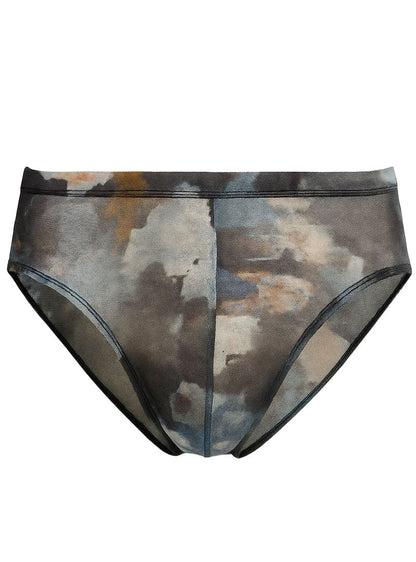 Luxury lace brief translucent mesh with abstract watercolor print in muted grays blues earthy tones and black trim