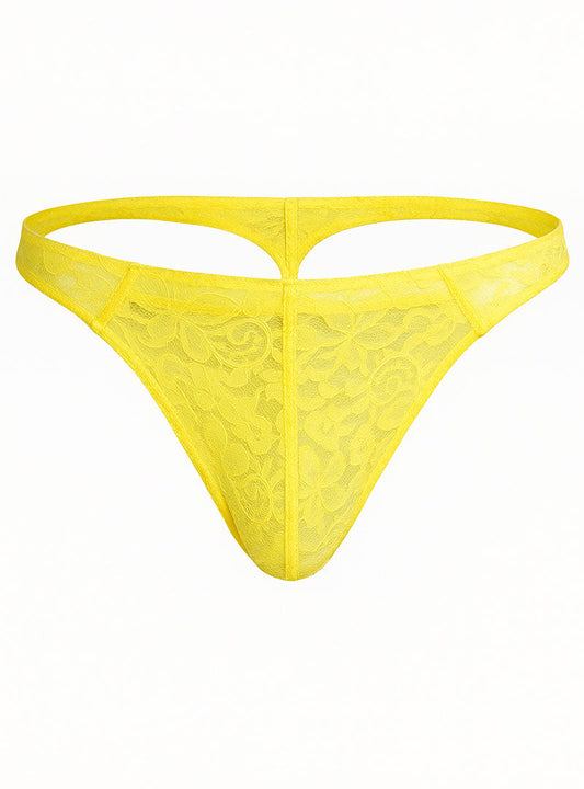 Luxury lace thong in bright yellow with delicate floral lace pattern and supportive seamless design