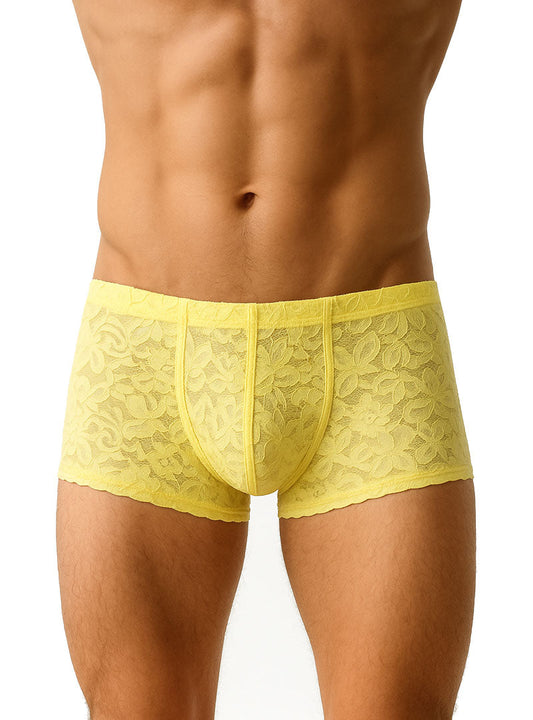 Yellow lace men’s briefs with floral pattern and elastic waistband luxury lace trunk front view