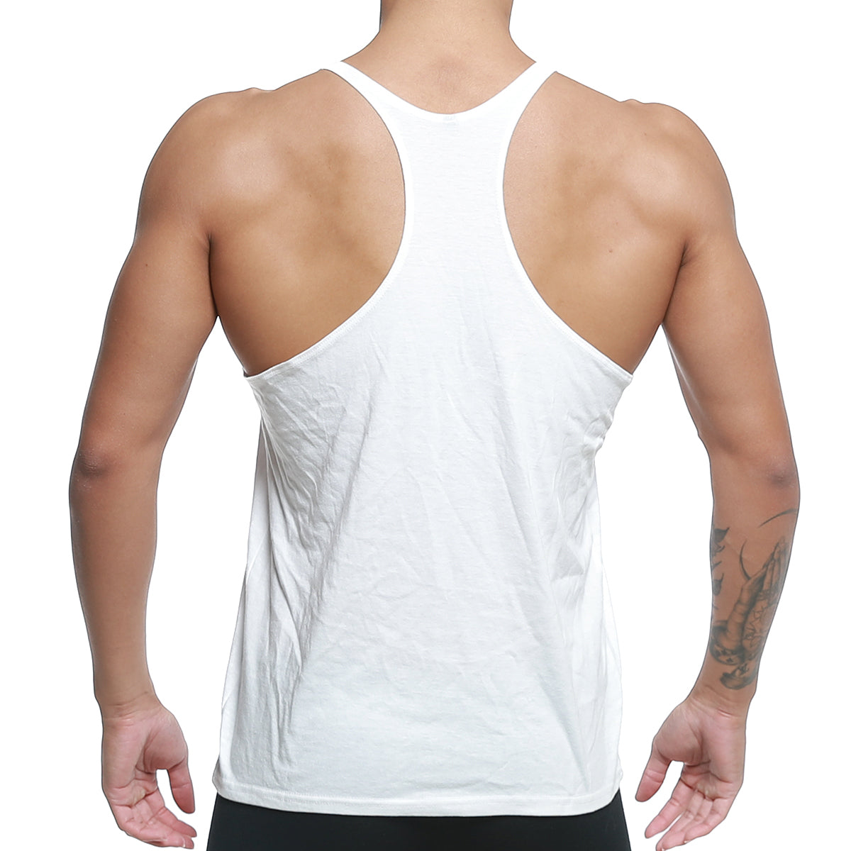 White metroMaleWear metroMuscleWear gym tank top m1027-00 racerback cotton blend for athletic use back side view