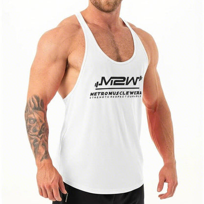White gym tank top from MetroMaleWear with black m2w logo and strength respect durable text design