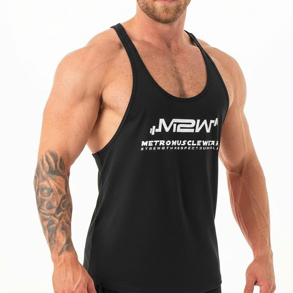 Black metro musclwear gym tank top m2w with white logo and text ideal for workouts and athletic use