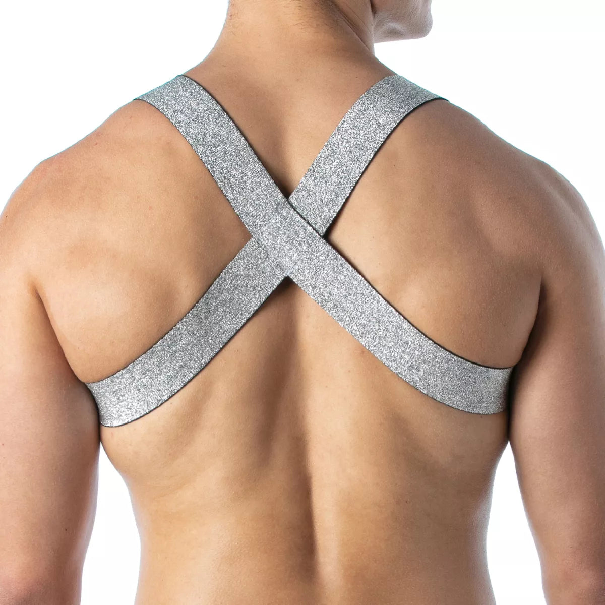 Silver glittery magic h harness back view with cross-back straps made from sparkling material for stylish wear