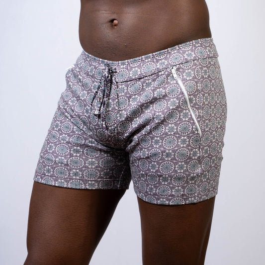 Mandala linen texture shorts in gray with a repeating circular pattern, drawstring waistband, and side zipper pocket