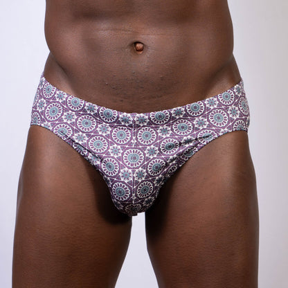 Mandala swim brief purple and teal geometric floral patterned briefs made of quick-dry fabric for swimming