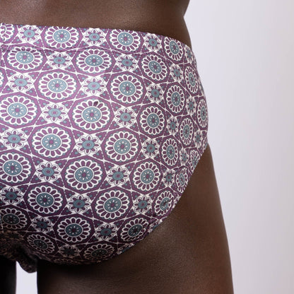 Mandala swim brief purple and teal floral patterned briefs with geometric design for swimwear use