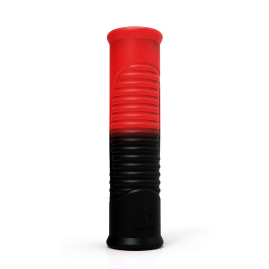 Vertical cylindrical red and black silicone novelty sleeve with ribbed texture, shown upright on white.
