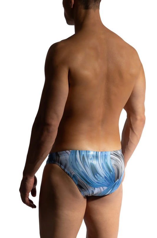 Manstore m2473 beach micro brief swim trunks with blue and white abstract wave pattern for beachwear