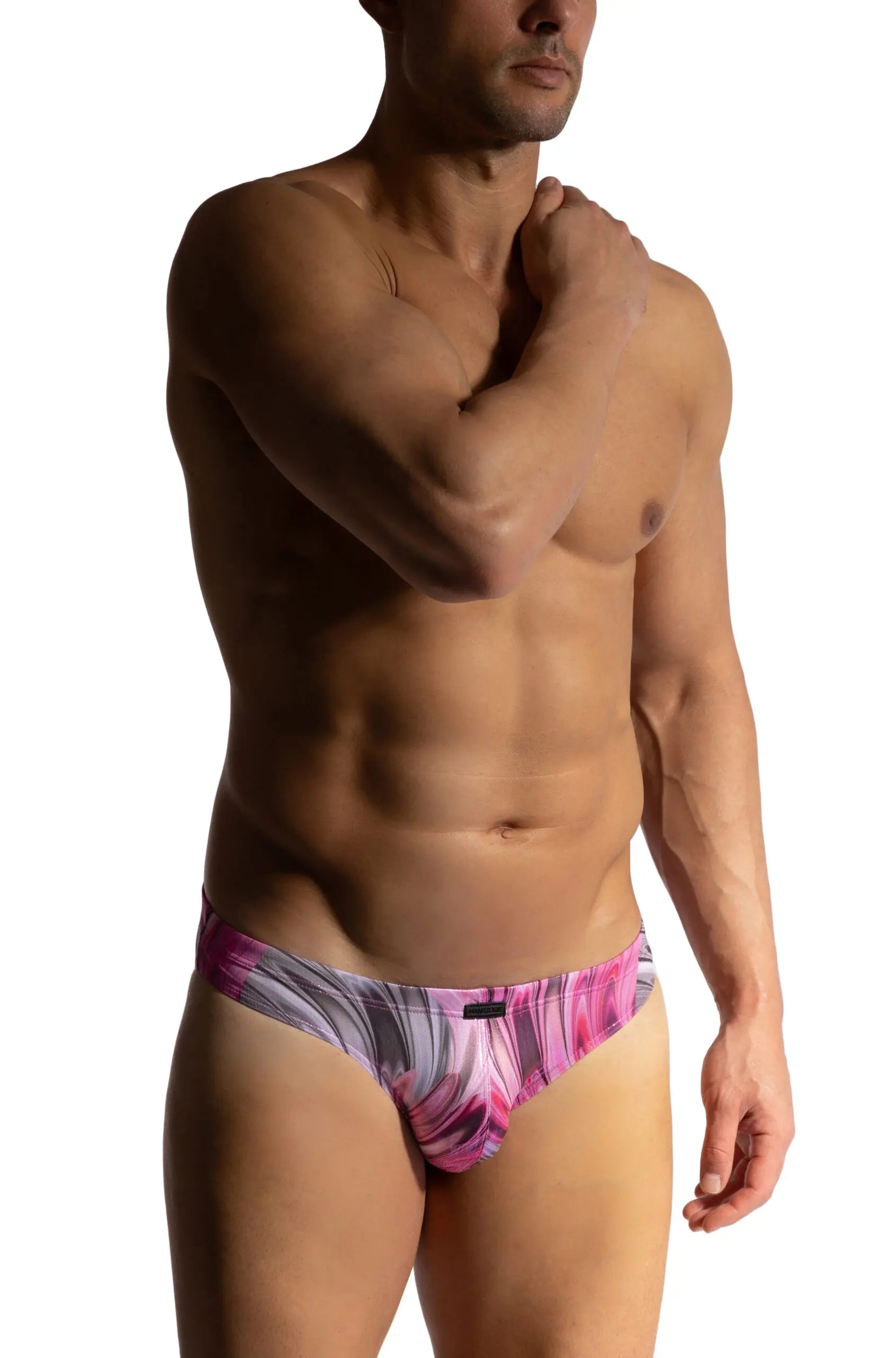 Menstore M2473 beach micro brief in pink and gray with abstract pattern designed for comfortable wear
