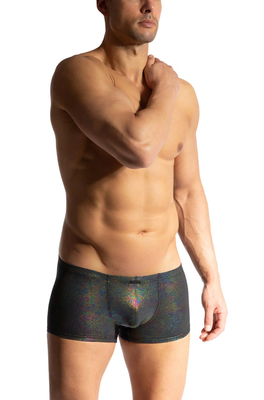 Black iridescent boxer briefs with a shimmering holographic finish from manstore oilslick micro pants collection