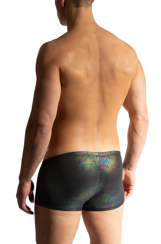 Black MANSTORE Oilslick micro pants with shimmering iridescent rainbow pattern made from sleek stretch fabric