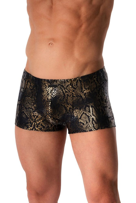 Front view of a black and gold snake-print micro swim trunk.