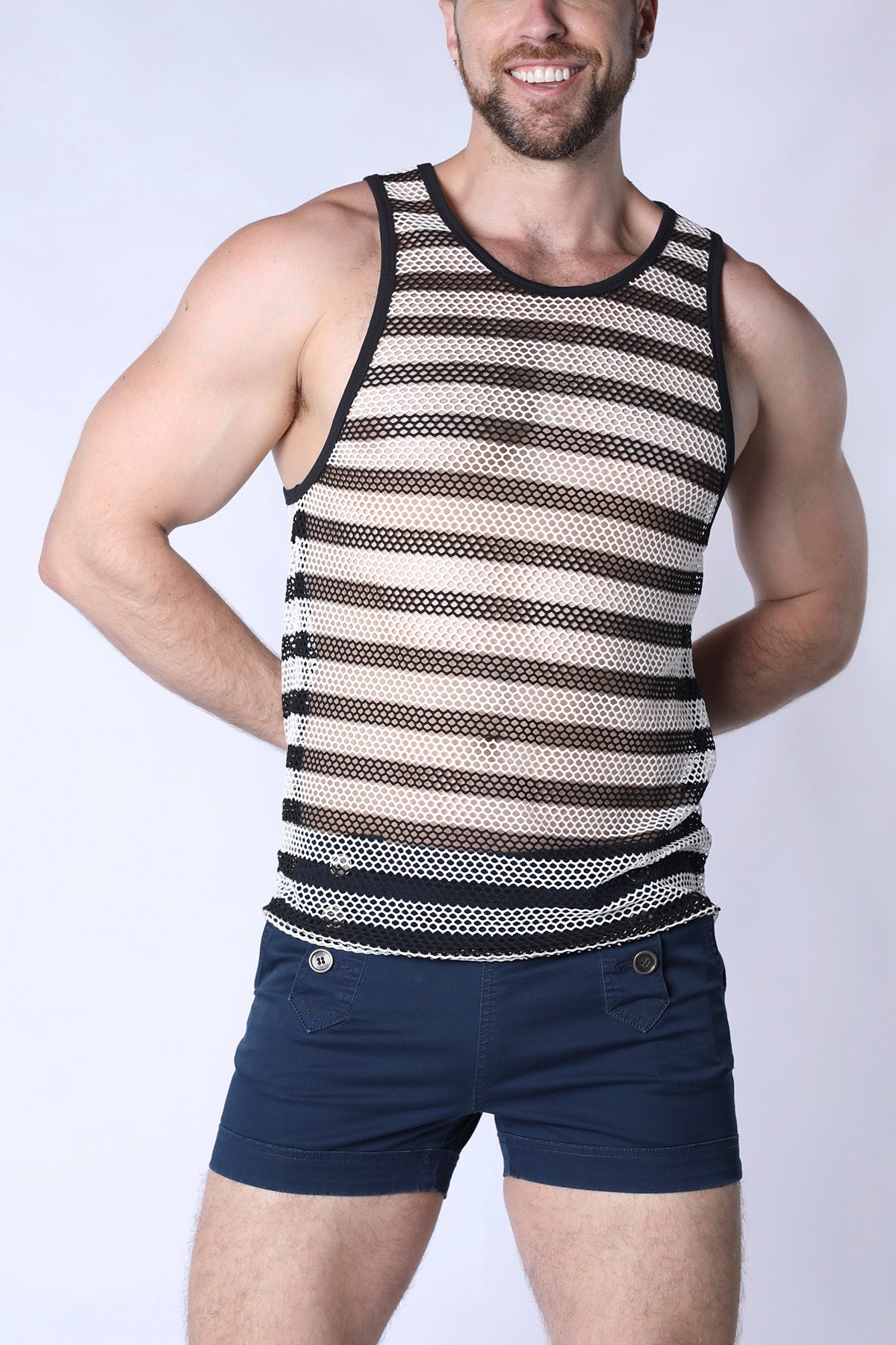 Mariner mesh stripe tank top black and white striped mesh with round neckline and elasticated hem