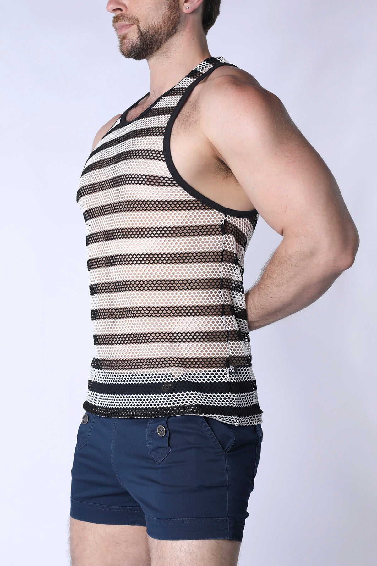 Black and cream striped mariner mesh stripe tank top with racerback design showing back side of the mesh tank top