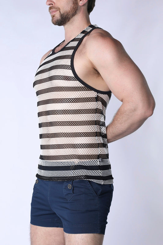 Black and cream striped mariner mesh stripe tank top with racerback design showing back side of the mesh tank top