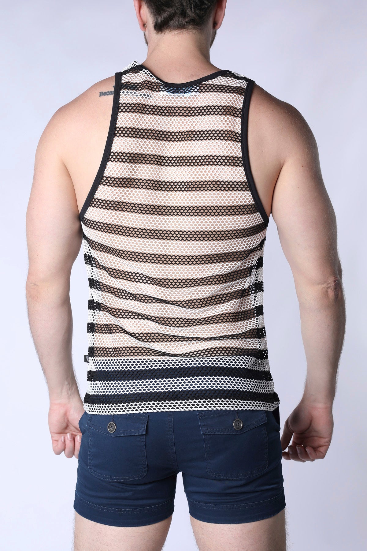 Mariner mesh stripe tank top black and cream striped mesh with black trim for casual summer wear