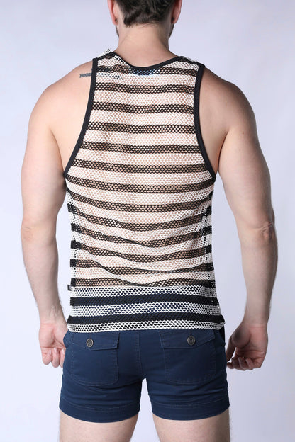 Mariner mesh stripe tank top black and cream striped mesh with black trim for casual summer wear