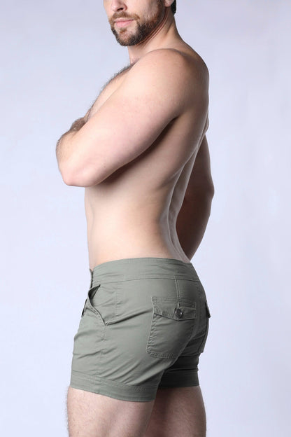 Olive green mariner sailor short cargo shorts with side pockets and button closure for casual wear