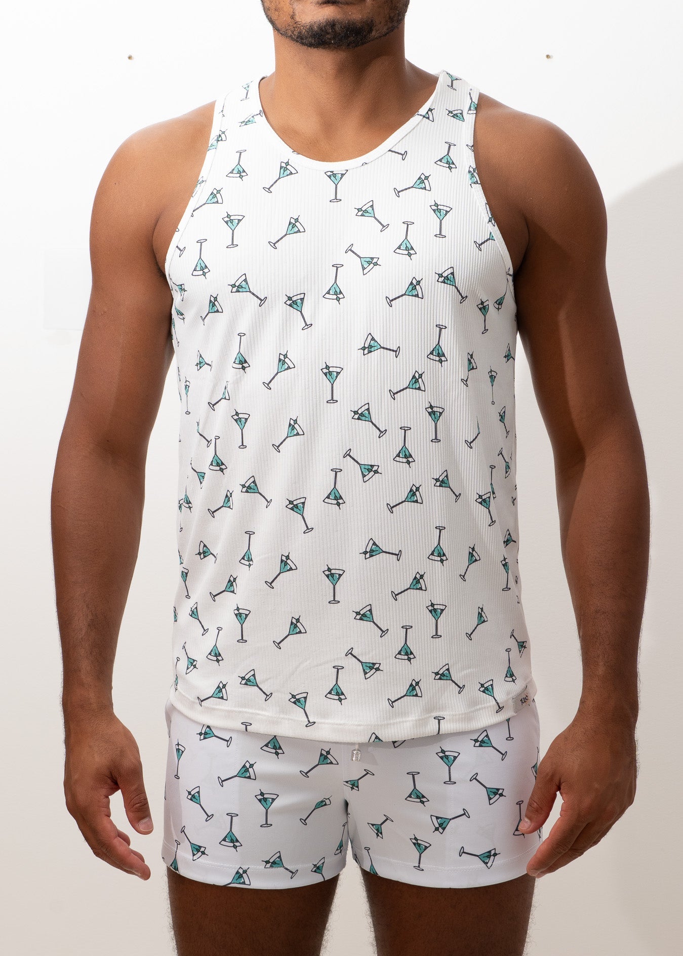 White tank top and matching shorts set with teal martini glass print perfect for casual summer wear