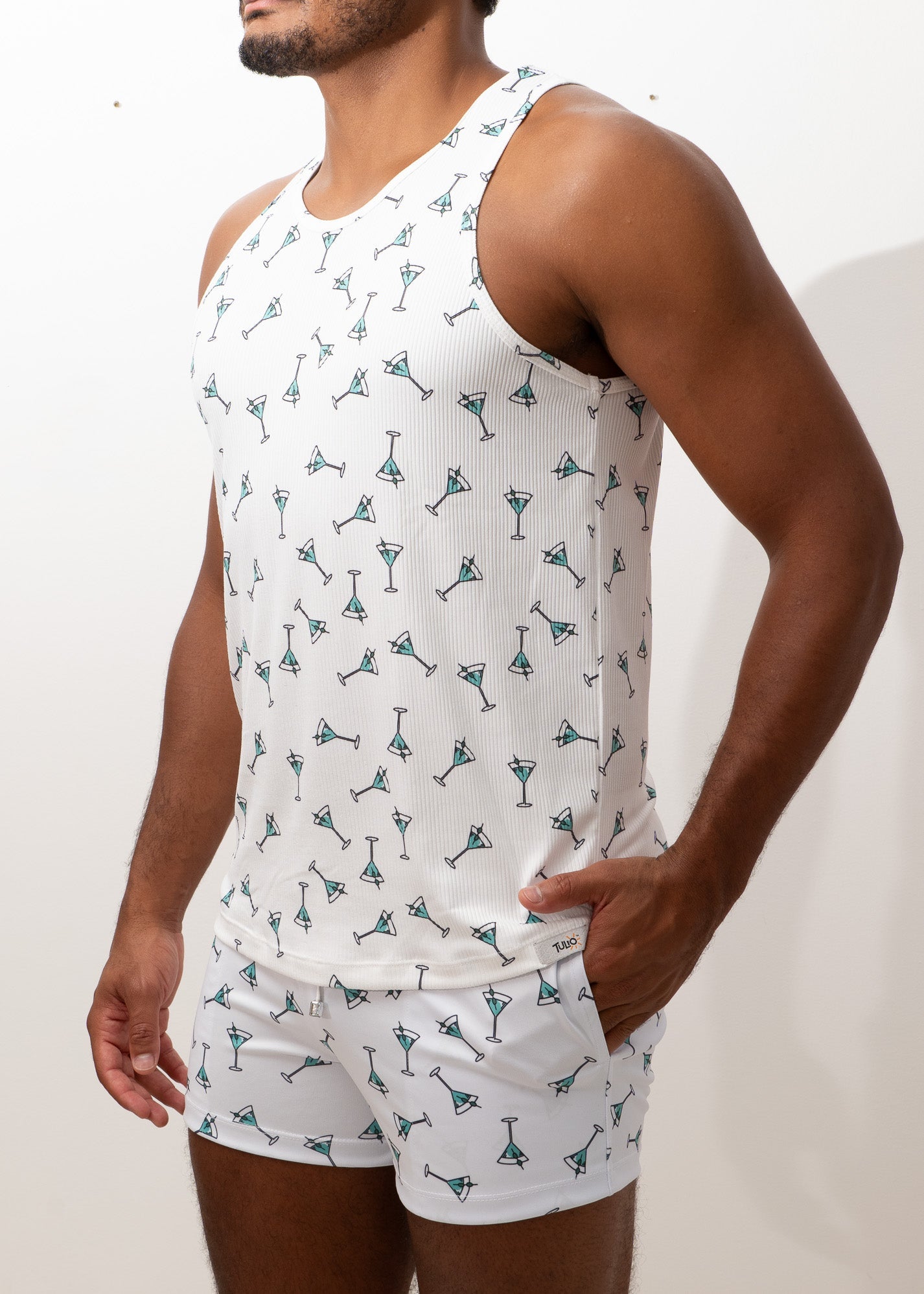 White ribbed tank top and shorts set with repeating teal martini glass print in martini print tank collection