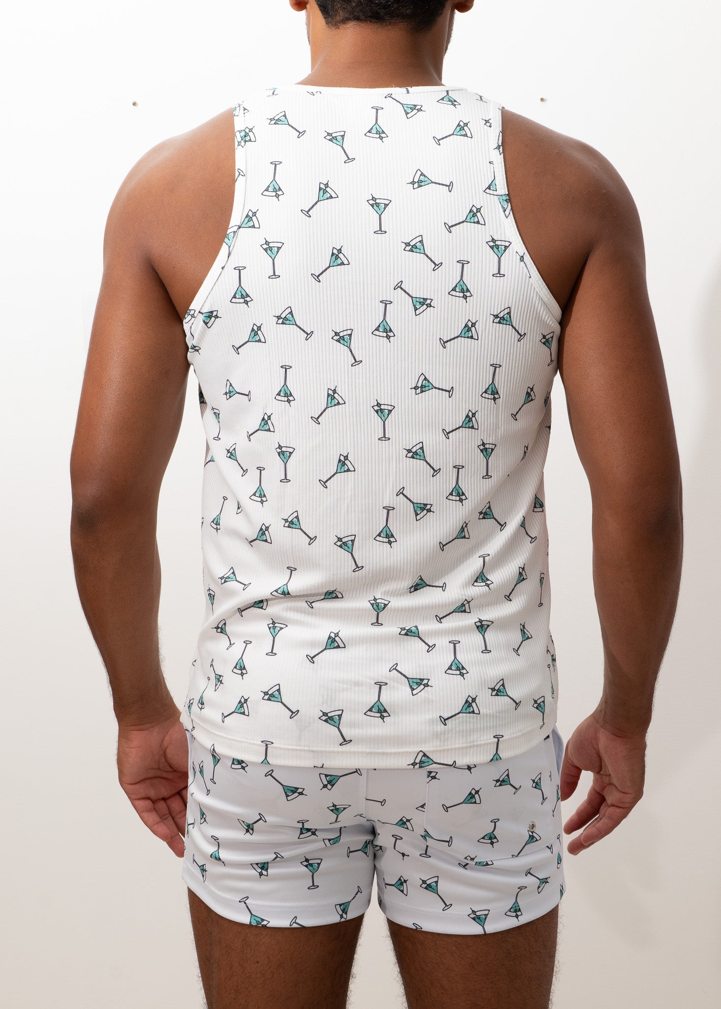 White ribbed tank top and matching shorts set with teal martini glass print perfect for casual summer wear